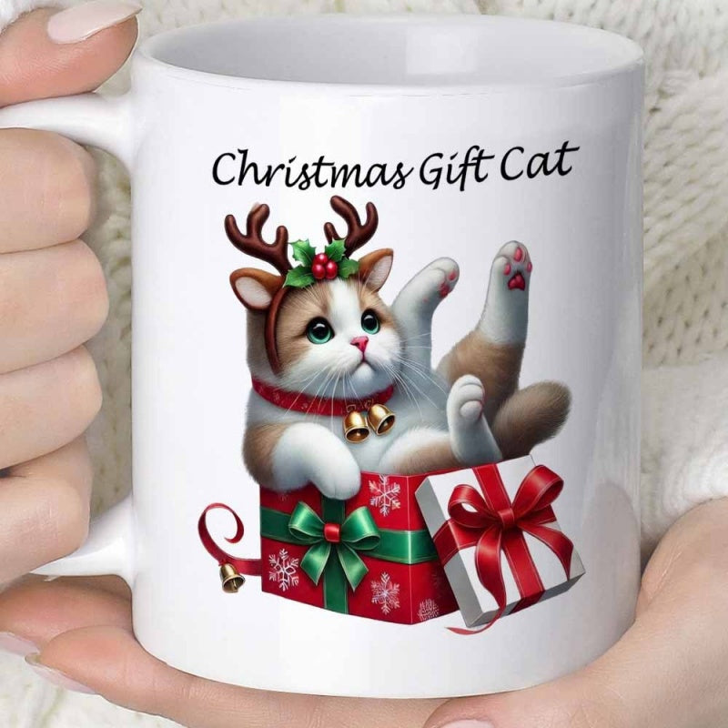 Tailorly White Ceramic 11 oz Mug - Christmas Gift Cat Adorable Festive Kitten Wearing Antlers Sitting Inside Red Ribbon Box Cat