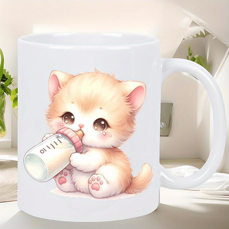 Tailorly White Ceramic 11 oz Mug - Adorable Tiny Fluffy Ginger Feline Drinking Milk From Baby Bottle Kitten