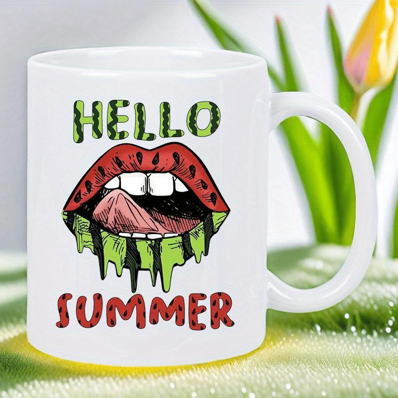 Tailorly White Ceramic 11 oz Mug - Hello Summer Vibrant Watermelon Themed Mouth With Dripping Green Rind And Seeds Lips