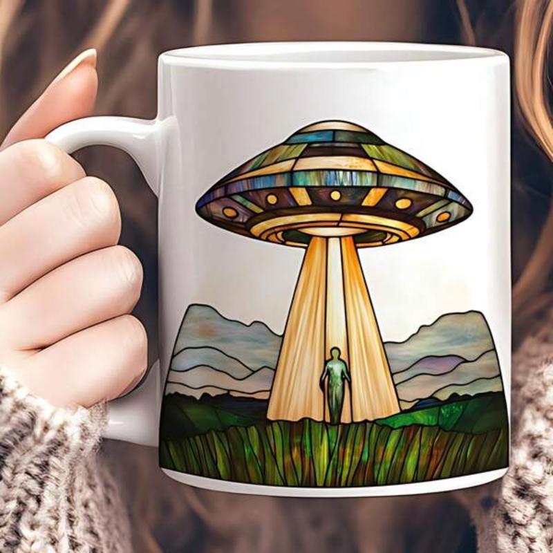 Tailorly White Ceramic 11 oz Mug - Stained Glass Style Vibrant Colors Beaming Light Towards Human Figure Spaceship