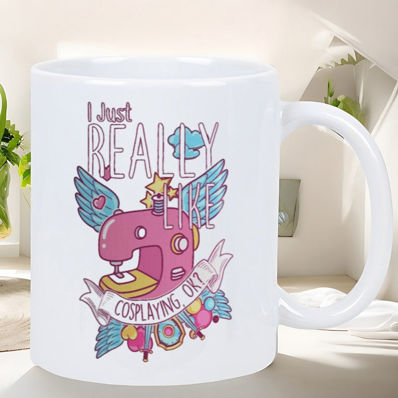Tailorly White Ceramic 11 oz Mug - I Just Really Like Cosplaying Ok Detailed Pink Illustration With Elegant Wings And Golden Shining Stars Sewing Machine