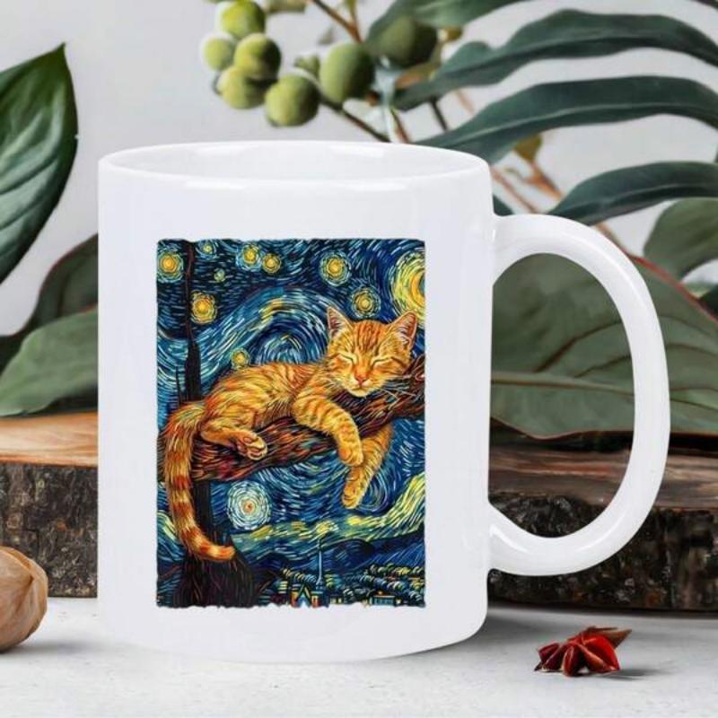 Tailorly White Ceramic 11 oz Mug - Orange Tabby Resting Peacefully On Branch Under Swirling Starry Night Sky Cat