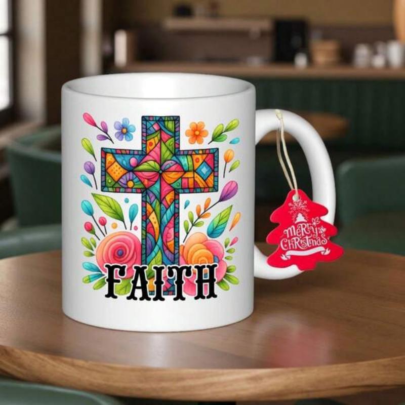 Tailorly White Ceramic 11 oz Mug - Faith Vibrant Stained Glass Mosaic Design With Colorful Watercolor Flowers And Leaves Cross
