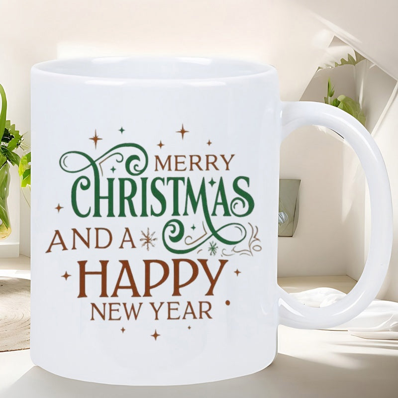 Tailorly White Ceramic 11 oz Mug - Merry Christmas And A Happy New Year Elegant Ceramic Surface Featuring Twinkling Stars And Decorative Swirls Mug