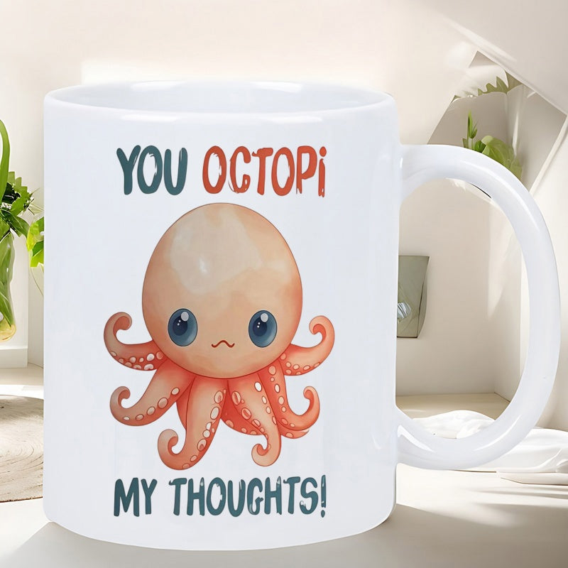 Tailorly White Ceramic 11 oz Mug - You Octopi My Thoughts Adorable Orange Watercolor Octopus With Large Eyes Floating In White Space Octopus