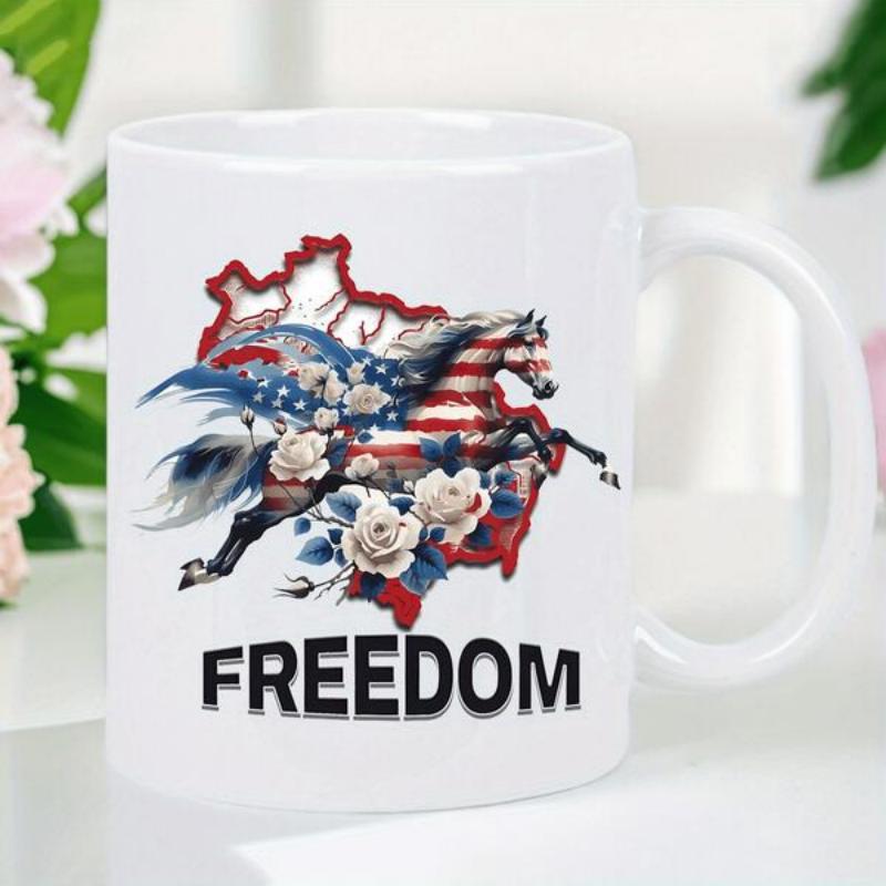 Tailorly White Ceramic 11 oz Mug - Freedom Majestic Patriotic Galloping Horse Decorated With Stars And Stripes Among White Roses Horse