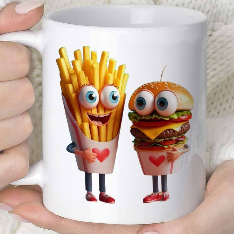 Tailorly White Ceramic 11 oz Mug - Cute Animated Fast Food Characters With Big Eyes And Little Bodies French Fries And Hamburger
