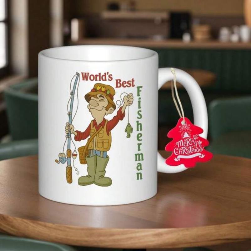 Tailorly White Ceramic 11 oz Mug - Worlds Best Fisherman Funny Cartoon Man Holding Fishing Rod And Small Catch Standing Proudly Fisherman