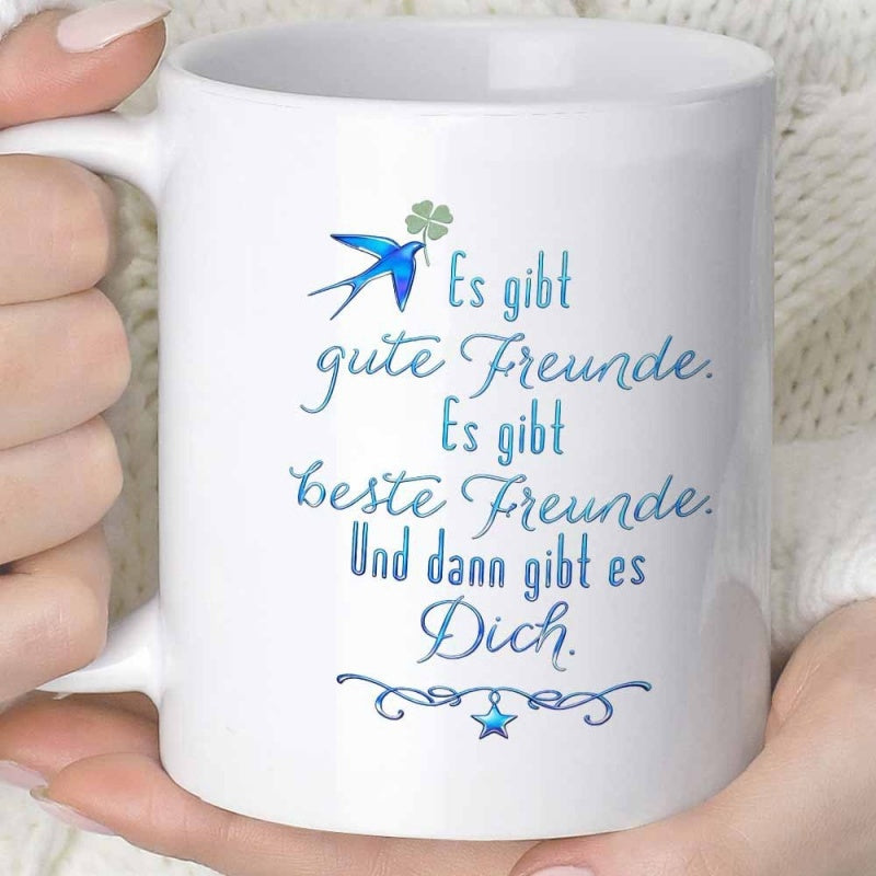 Tailorly White Ceramic 11 oz Mug - Graceful Blue Flying Swallow Carrying A Lucky Four Leaf Clover Bird