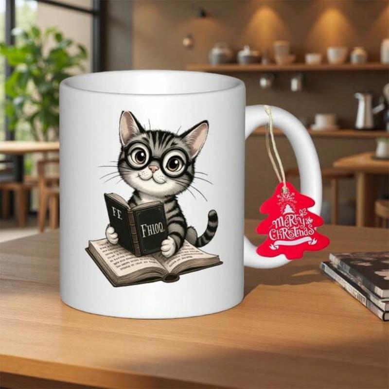 Tailorly White Ceramic 11 oz Mug - Merry Christmas Adorable Tabby Kitten Wearing Round Glasses Reading Among Open Books Cat