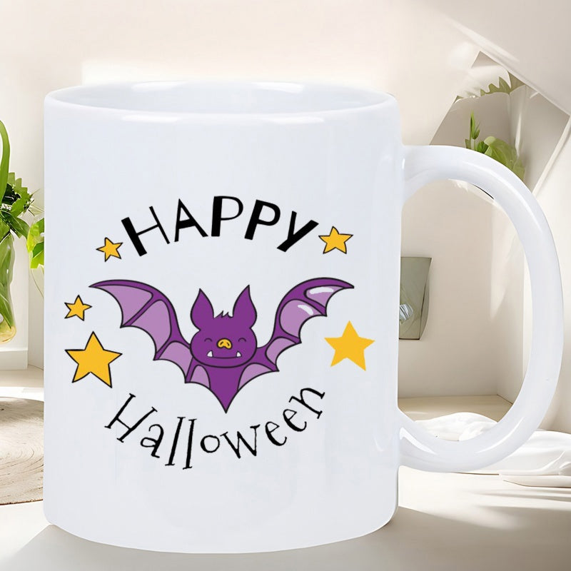 Tailorly White Ceramic 11 oz Mug - Happy Halloween Cute Purple Flying Bat Among Glowing Small Yellow Stars Bat