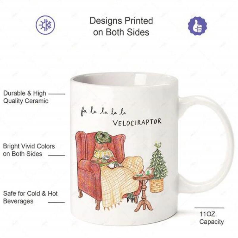 Tailorly White Ceramic 11 oz Mug - Fa La La La La Velociraptor Cozy Prehistoric Creature Sitting In Red Armchair Beside Decorated Christmas Tree Velociraptor