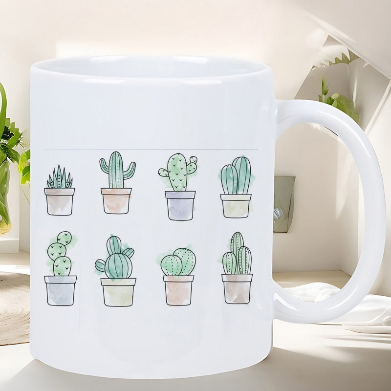 Tailorly White Ceramic 11 oz Mug - Small Watercolor Potted Green Succulents Arranged In Minimalist Grid Style Cactus