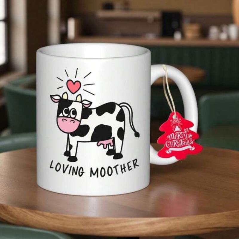 Tailorly White Ceramic 11 oz Mug - Loving Moother Adorable Cartoon Spotted Dairy Animal With Radiant Pink Heart Cow
