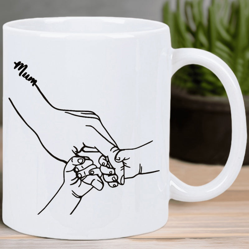 Tailorly White Ceramic 11 oz Mug - Mum Minimalist Black Line Drawing Featuring Parent Holding Small Children Hands Illustration