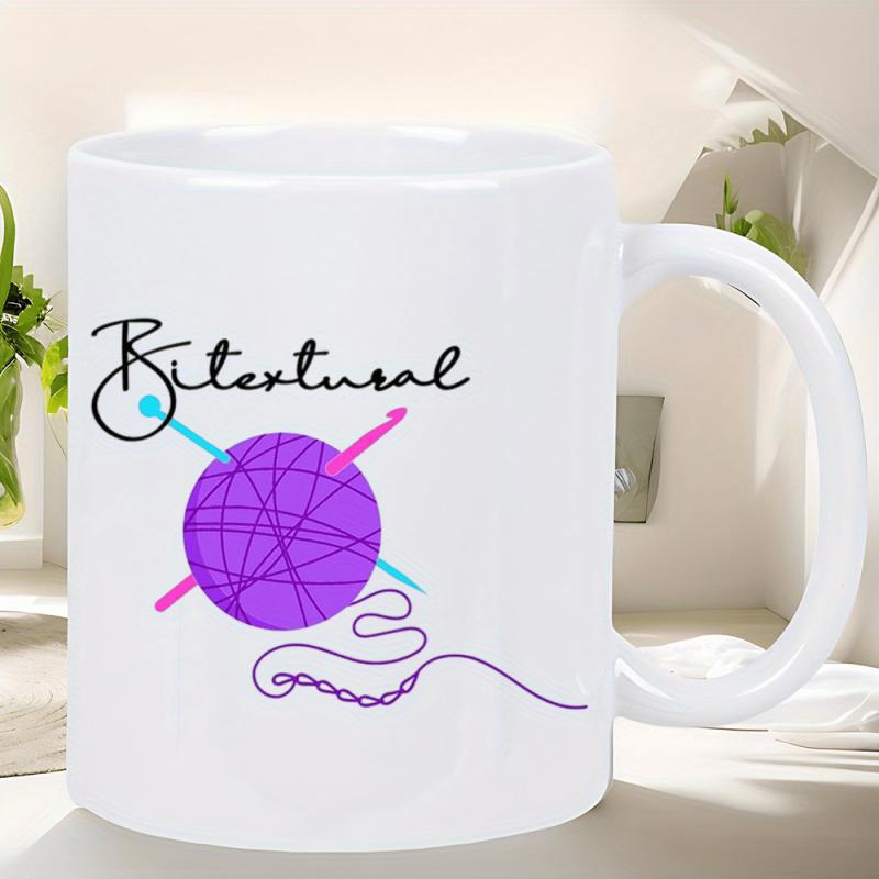 Tailorly White Ceramic 11 oz Mug - Bitextural Colorful Yarn Ball With Crossed Needles And Flowing Thread Yarn