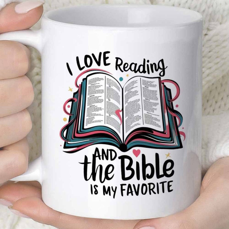 Tailorly White Ceramic 11 oz Mug - I Love Reading And The Bible Is My Favorite Open Holy Scripture Among Colorful Decorative Ribbons And Sparkling Small Heart