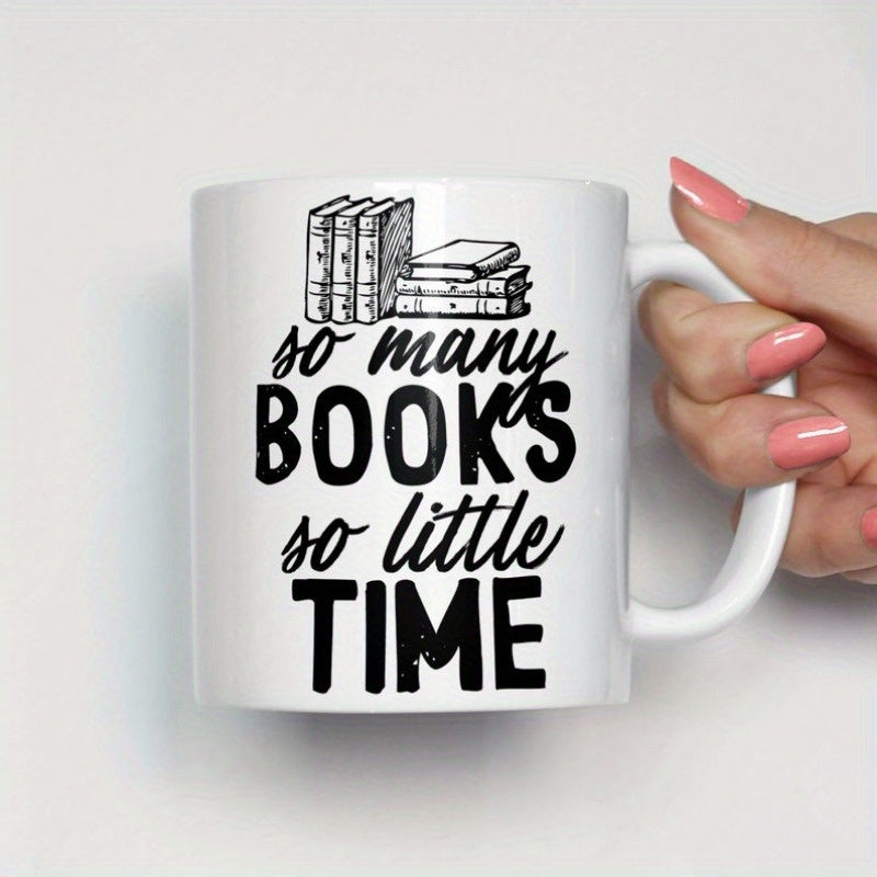 Tailorly White Ceramic 11 oz Mug - So Many Books So Little Time Artistic Linear Stacked Library Volumes Representing Wisdom And Reading Culture Books