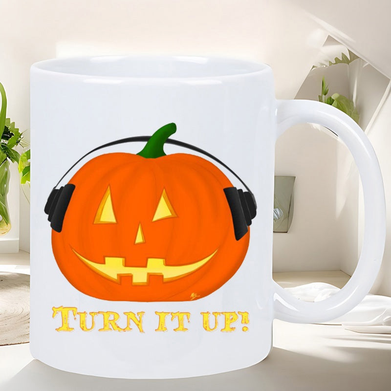 Tailorly White Ceramic 11 oz Mug - Turn It Up Smiling Orange Jack O Lantern Wearing Modern Black Headphones Pumpkin