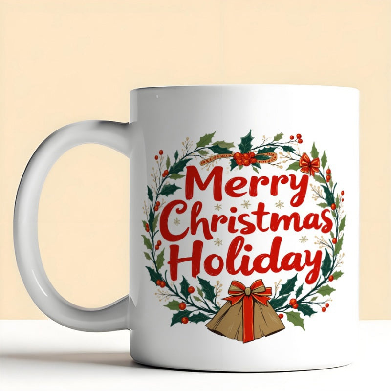 Tailorly White Ceramic 11 oz Mug - Merry Christmas Holiday Festive Green Holly Leaves Featuring Red Berries And Golden Bell Wreath