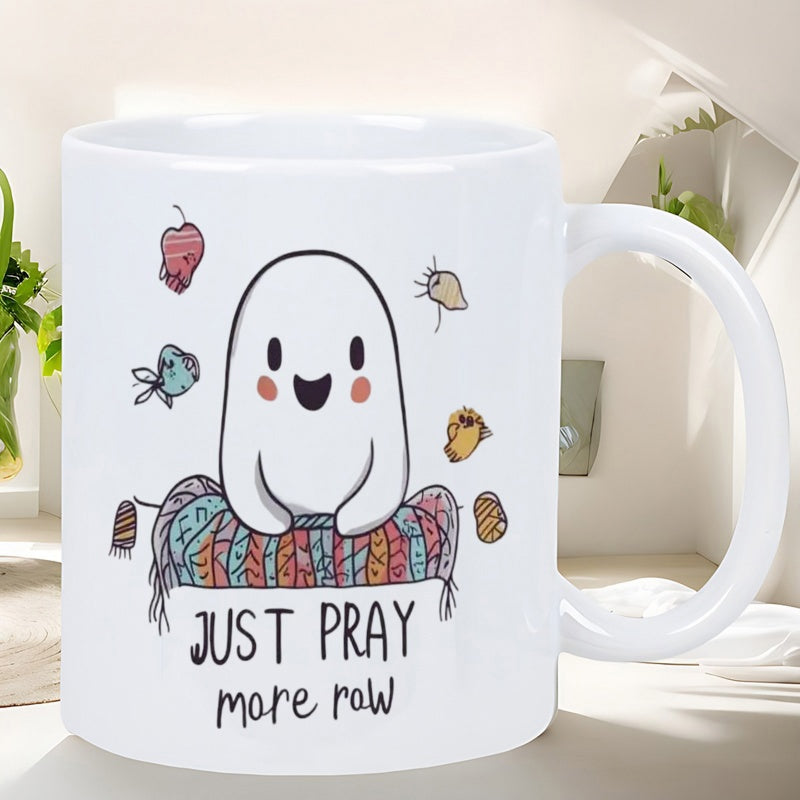 Tailorly White Ceramic 11 oz Mug - Just Pray More Now Adorable Smiling White Cartoon Character Sitting Behind Colorful Patterned Fabric Ghost