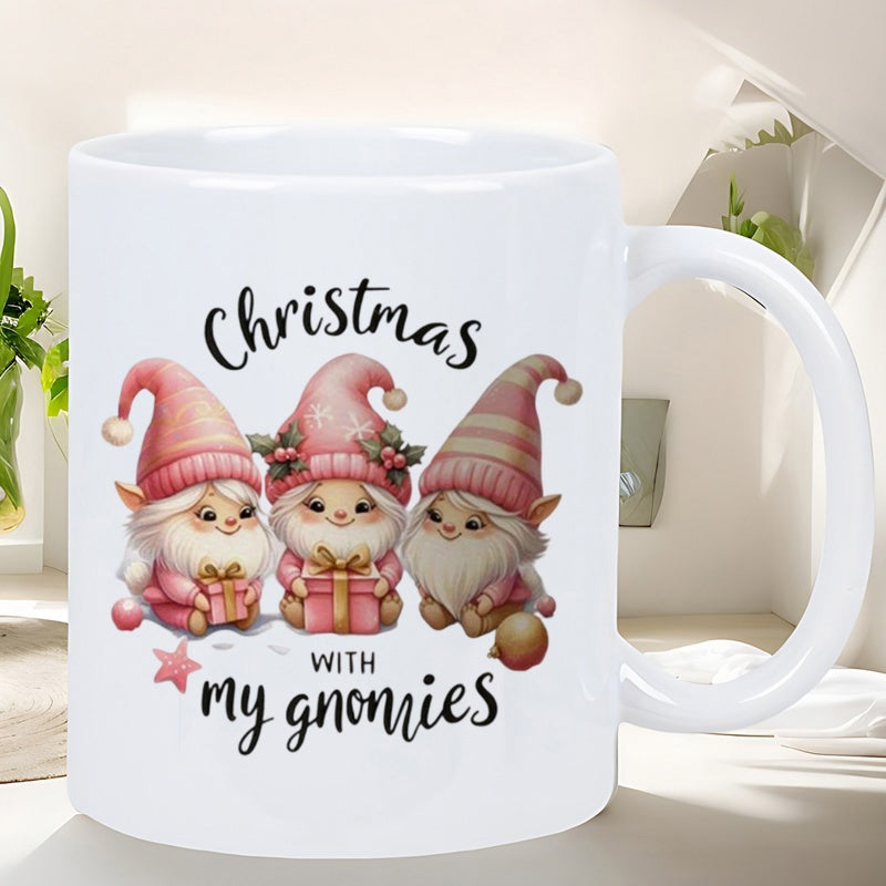 Tailorly White Ceramic 11 oz Mug - Christmas With My Gnomies Three Adorable Pink Gnomes Holding Festive Gifts In A Soft Palette Gnomes