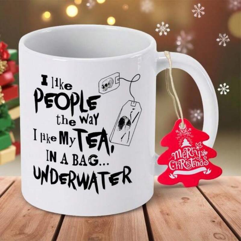 Tailorly White Ceramic 11 oz Mug - I Like People The Way I Like My Tea In A Bag Underwater Minimalist Line Drawing Of A Person Drowning Inside A Tea Bag