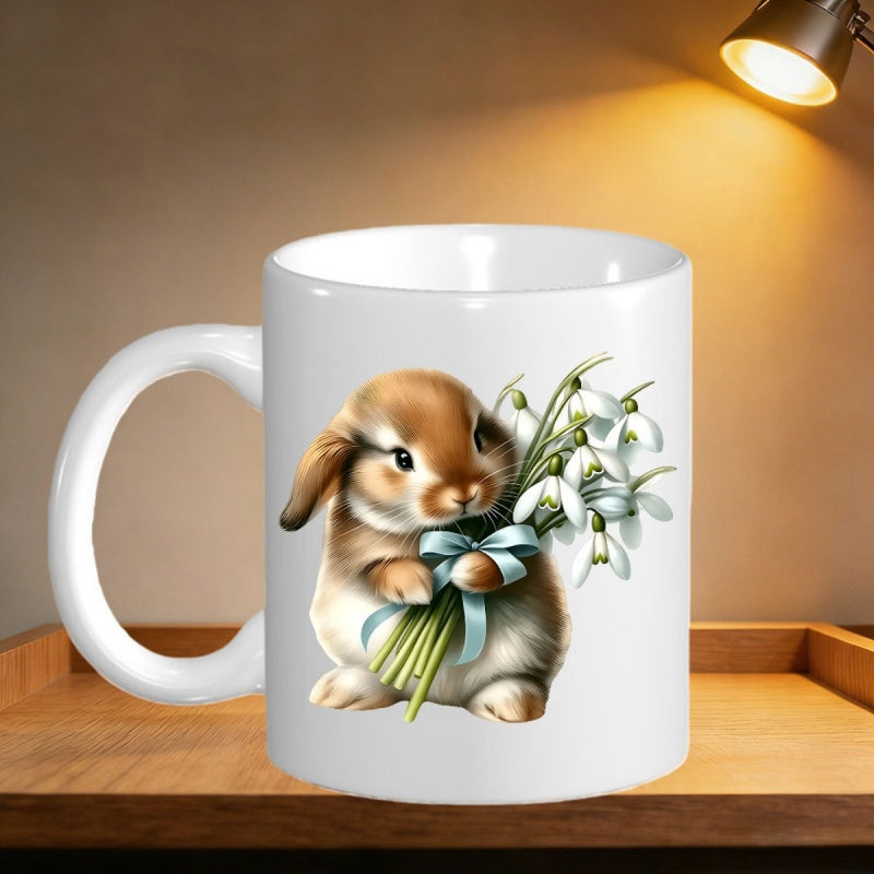 Tailorly White Ceramic 11 oz Mug - Adorable Brown Rabbit Holding White Spring Snowdrop Flowers With Ribbon Rabbit