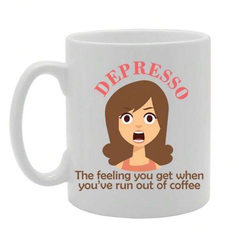 Tailorly White Ceramic 11 oz Mug - Depresso The Feeling You Get When Youve Run Out Of Coffee Shocked Cartoon Woman With Brown Hair Wearing Pink Top Illustration
