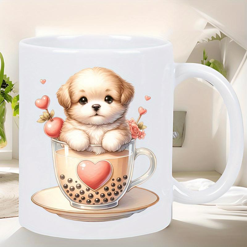 Tailorly White Ceramic 11 oz Mug - Adorable Fluffy Puppy Resting Inside Sweet Boba Tea Cup With Hearts Dog