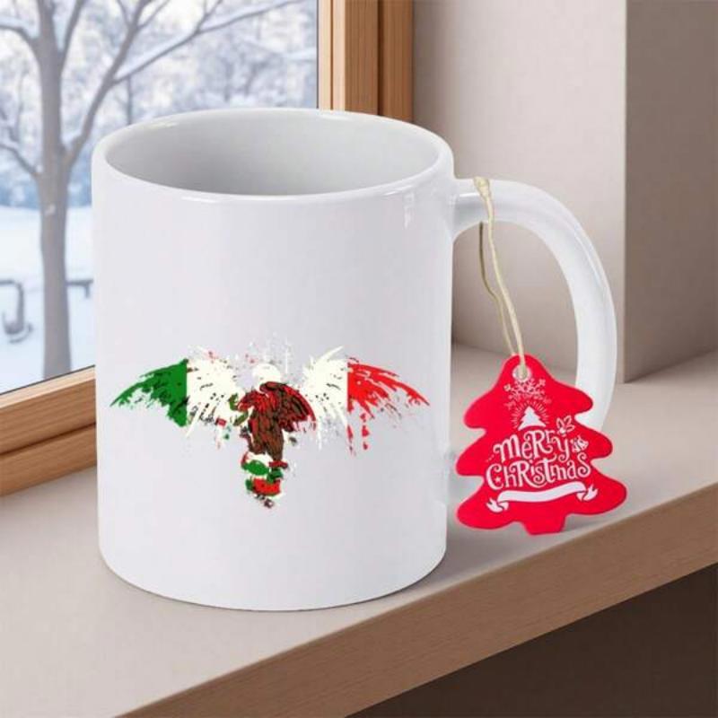 Tailorly White Ceramic 11 oz Mug - Patriotic Artistic Splatter Mexican Flag Colors With Majestic Crest Design Mug