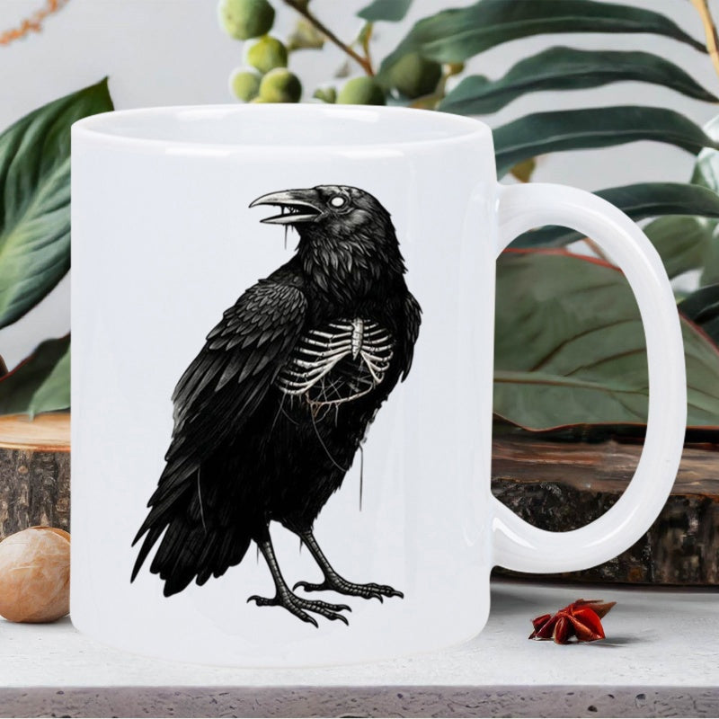 Tailorly White Ceramic 11 oz Mug - Dark Gothic Style Detailed Illustration With Visible Skeletal Ribcage Raven