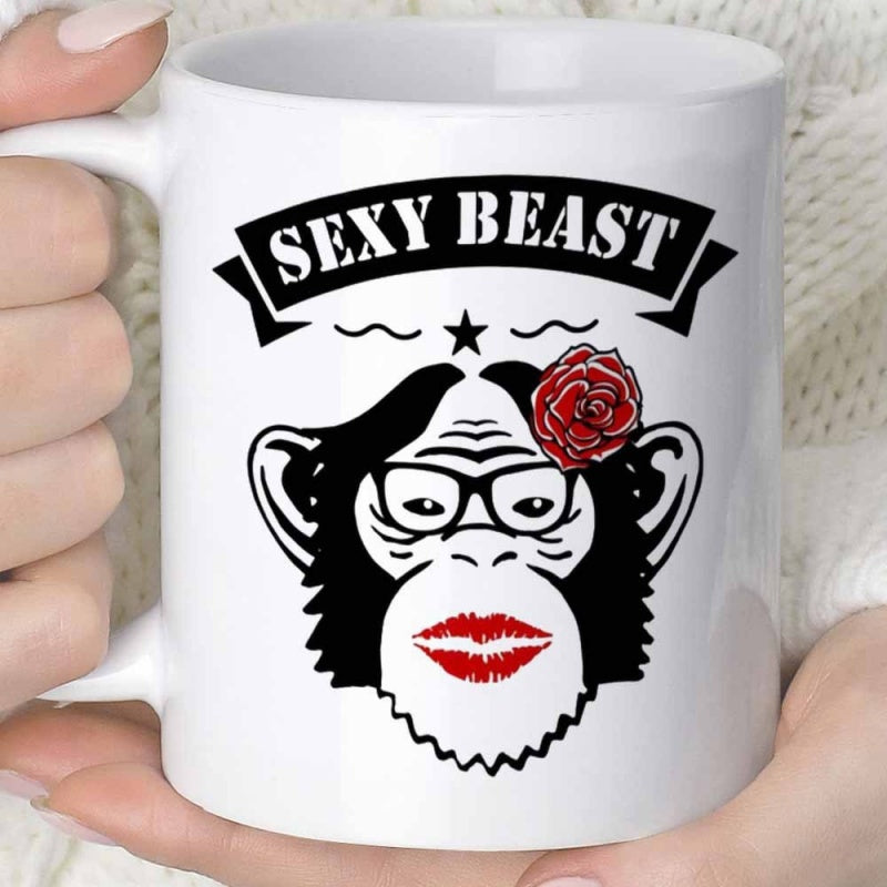 Tailorly White Ceramic 11 oz Mug - Sexy Beast Stylized Black And White Monkey Face With Accessories And Flower Chimpanzee