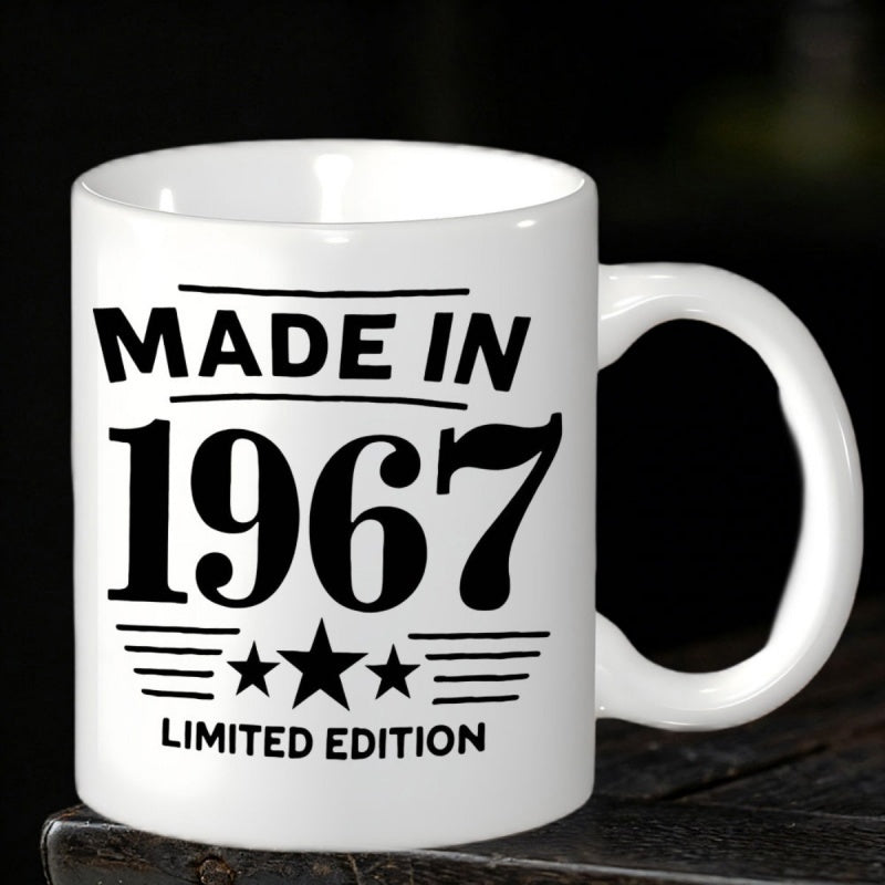Tailorly White Ceramic 11 oz Mug - Made In 1967 Limited Edition Vintage Style Bold Numeric Typography With Decorative Stars And Horizontal Lines Mug