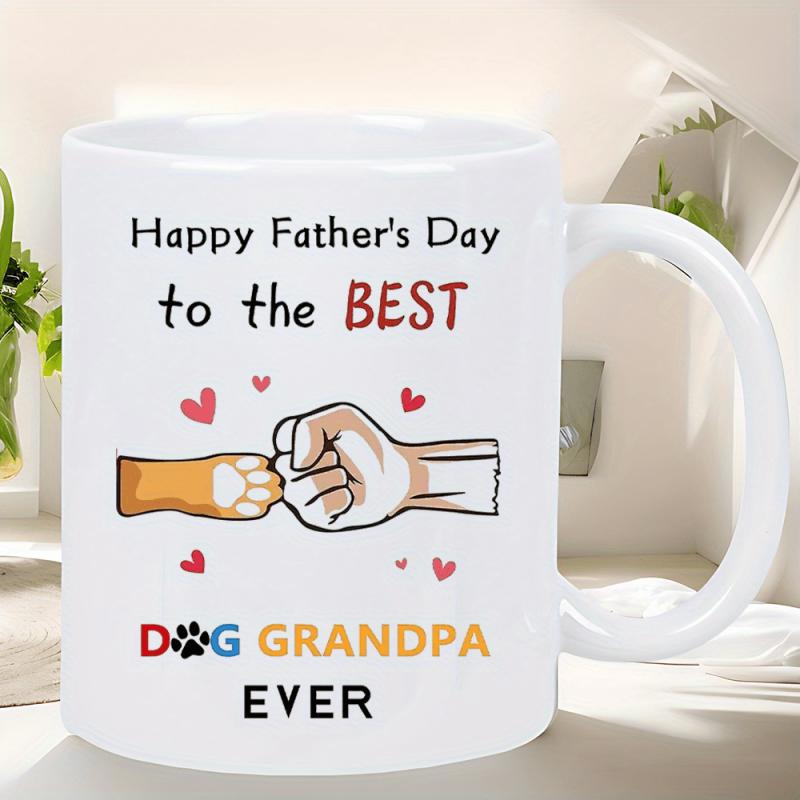 Tailorly White Ceramic 11 oz Mug - Happy Father's Day To The Best Dog Grandpa Ever Human Hand And Canine Paw Fists Bumping Surrounded By Floating Hearts Mug
