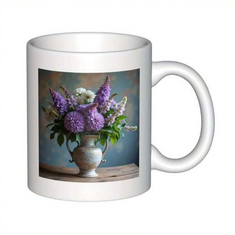 Tailorly White Ceramic 11 oz Mug - Elegant Purple And White Flowers Arranged Beautifully In A Vintage Ceramic Vase