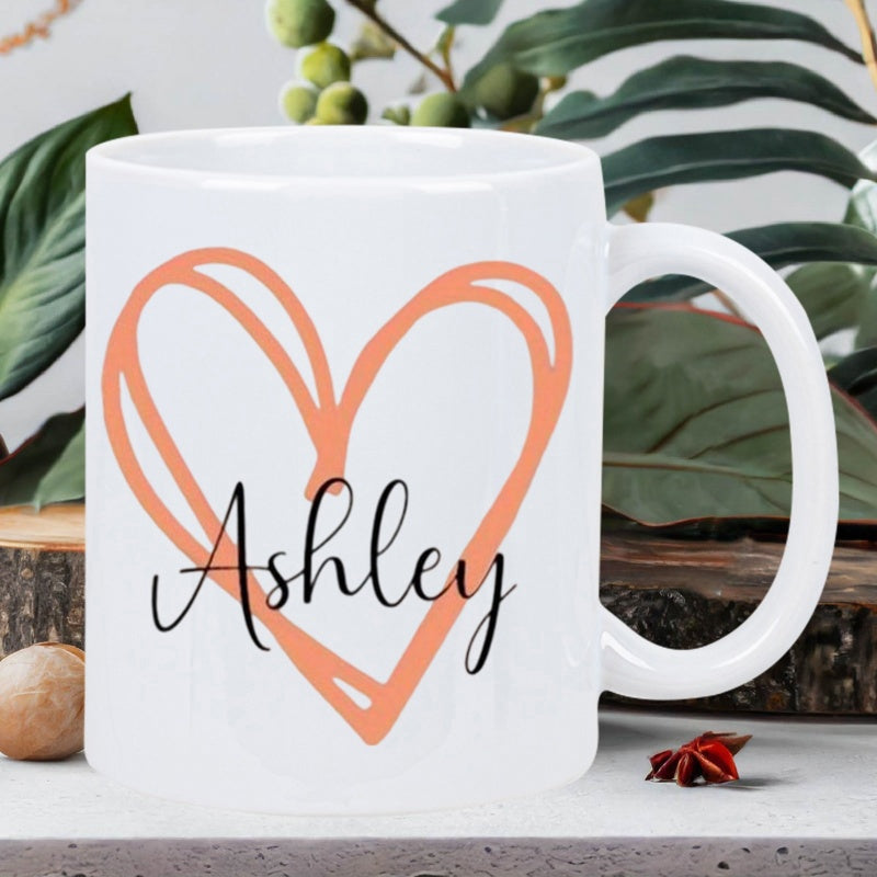 Tailorly White Ceramic 11 oz Mug - Ashley Hand Drawn Orange Brushstroke Outlined Artistic Minimalist Styled Heart