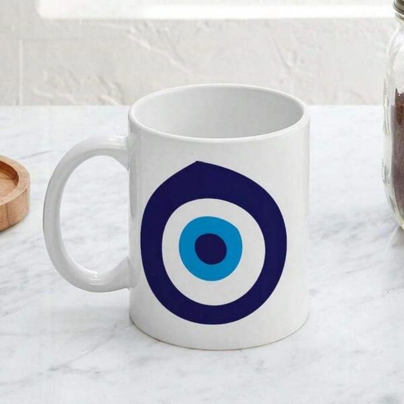 Tailorly White Ceramic 11 oz Mug - Traditional Protective Symbol Featuring Concentric Blue Circles Pattern Nazar