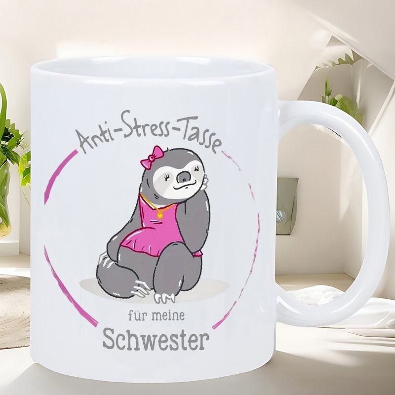 Tailorly White Ceramic 11 oz Mug - Cute Cartoon Female Sloth Wearing Pink Dress And Bow In Circle Sloth