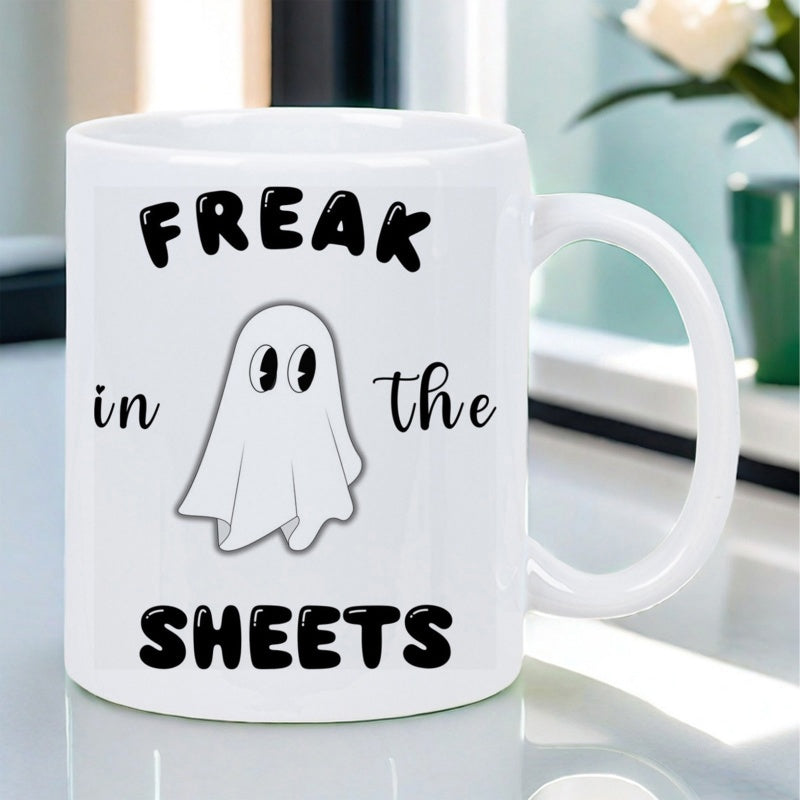 Tailorly White Ceramic 11 oz Mug - Freak In The Sheets Adorable Floating Cartoon Ghost With Vintage Eyes On Plain Background Ghost