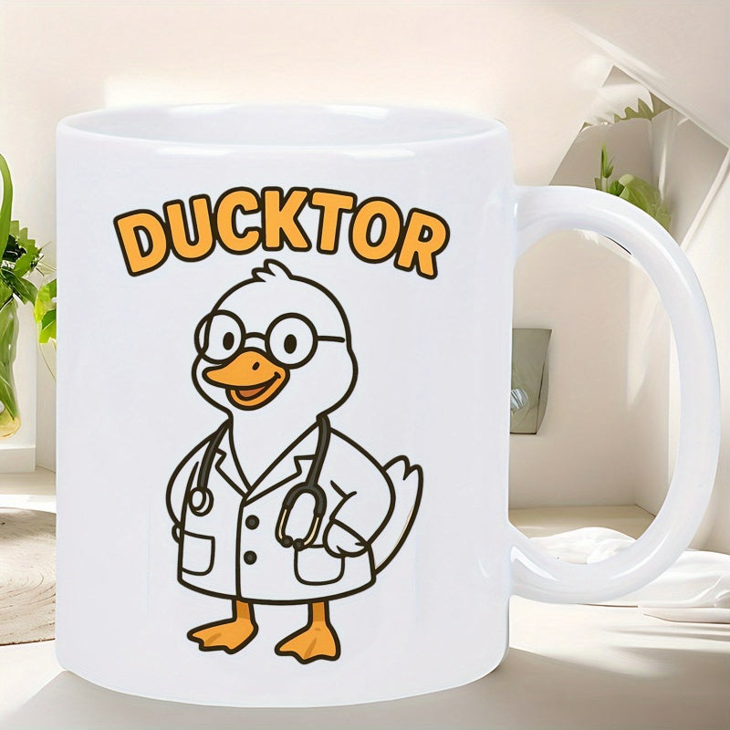 Tailorly White Ceramic 11 oz Mug - Ducktor Cute Cartoon Duck Wearing White Lab Coat And Stethoscope With Glasses Duck
