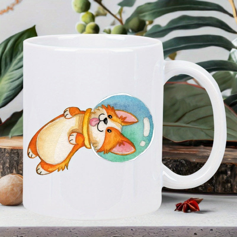 Tailorly White Ceramic 11 oz Mug - Adorable Space Themed Cartoon Floating In Transparent Blue Bubble Helmet Corgi