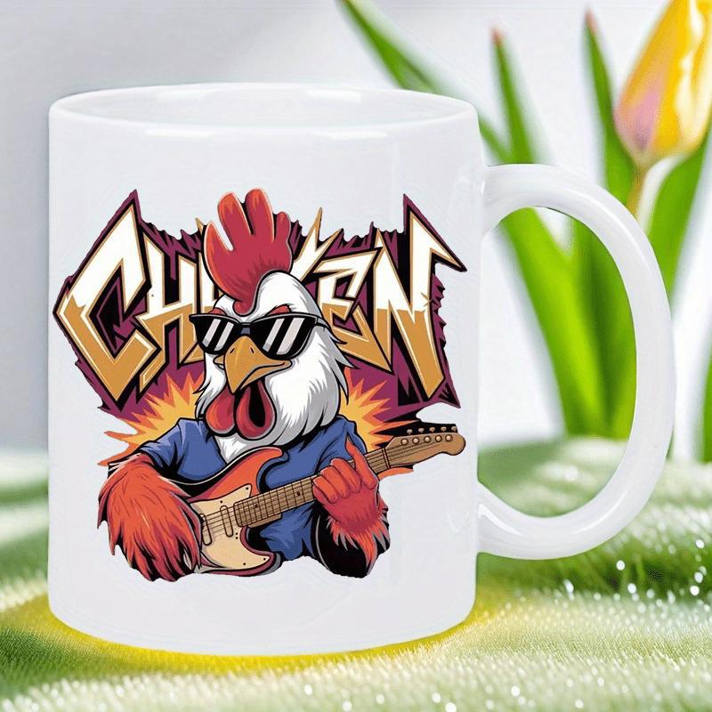 Tailorly White Ceramic 11 oz Mug - Chicken Cool Rocker Wearing Sunglasses Playing Electric Guitar In Vibrant Graffiti Style Rooster