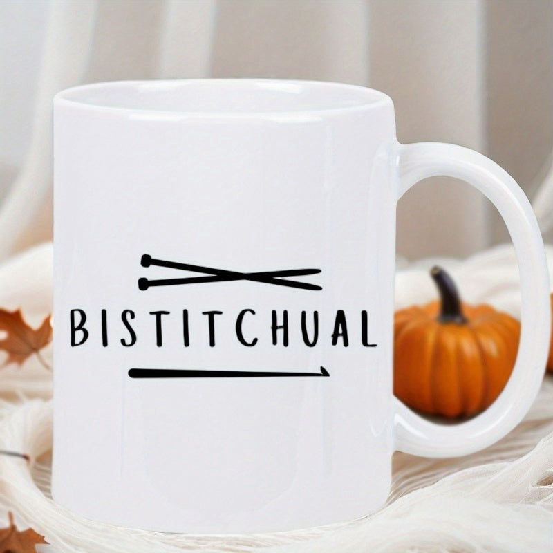 Tailorly White Ceramic 11 oz Mug - Bistitchual Crossed Knitting Needles And Single Crochet Hook For Hobby Enthusiasts Mug