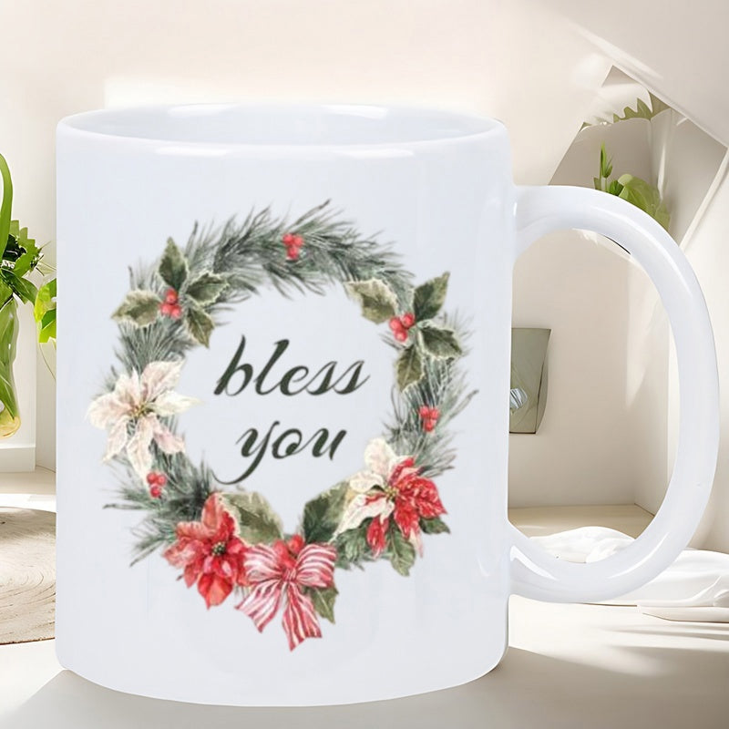 Tailorly White Ceramic 11 oz Mug - Bless You Festive Christmas Leaves With Red Poinsettia Flowers And Berries Wreath