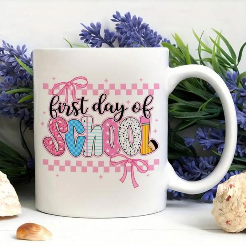 Tailorly White Ceramic 11 oz Mug - First Day Of School Colorful Patterned Letters And Pink Ribbons On Checkered Background Decorative Mug