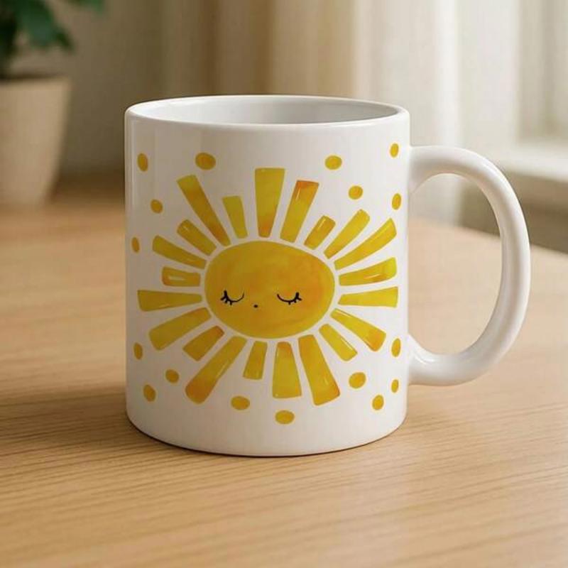 Tailorly White Ceramic 11 oz Mug - Cheerful Radiant Yellow Watercolor Illustration Featuring Sleeping Face Sun