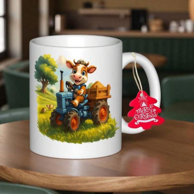 Tailorly White Ceramic 11 oz Mug - Merry Christmas Joyful Cartoon Animal Character Driving Small Blue Farming Tractor Through Fields Cow