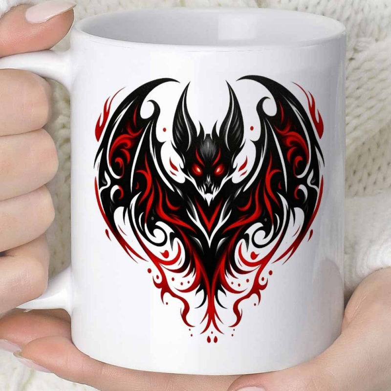 Tailorly White Ceramic 11 oz Mug - Tribal Style Stylized Black And Red Flaming Wings Spooky Gothic Flying Bat