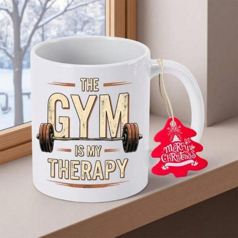 Tailorly White Ceramic 11 oz Mug - The Gym Is My Therapy Distressed Wood Texture Vintage Style Weightlifting Motivation Among Bold Block Letters Barbell